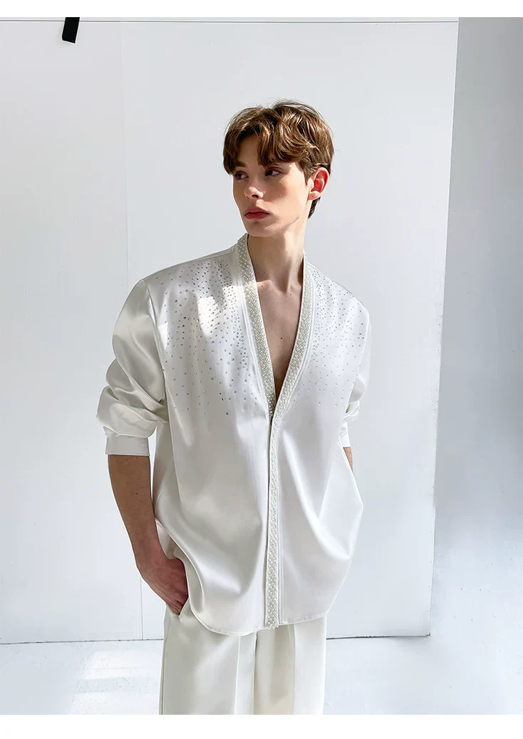 Rhinestone Embellishments Satin Shirt - Image 5