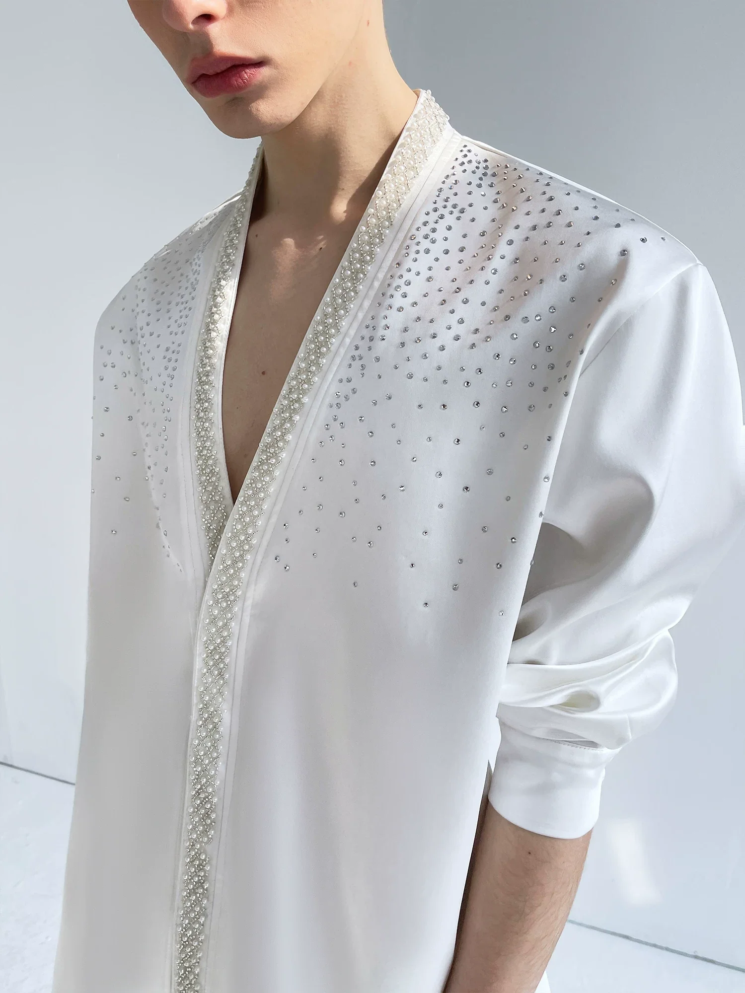 Rhinestone Embellishments Satin Shirt - Image 7