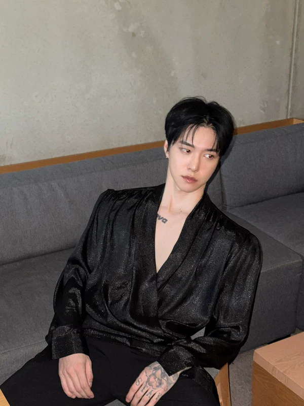 Satin Wrap V-Neck Long Sleeve Shirt - Image 4