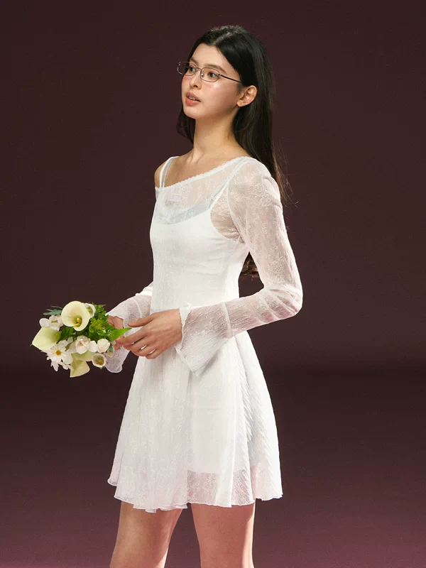 Sheer Lace Long Sleeve Layered Dress - Image 2
