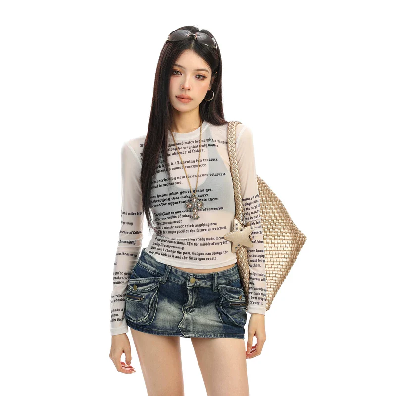 Sheer Letter Print Long Sleeve Top