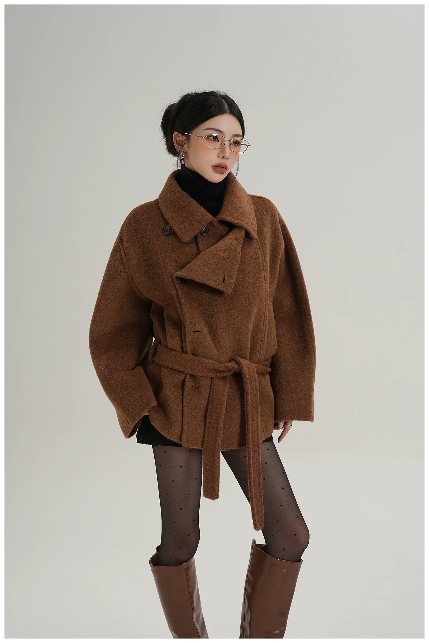 Short Belted Wool Coat with High Collar - Image 11