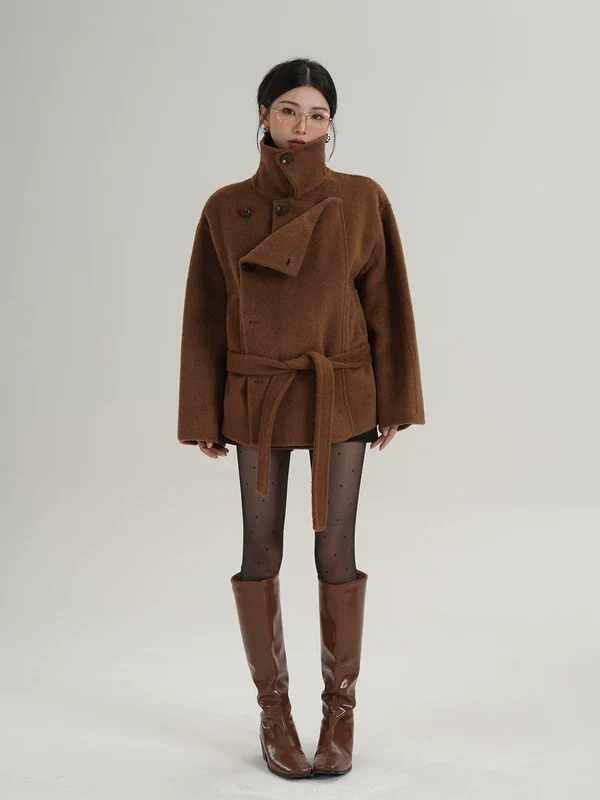 Short Belted Wool Coat with High Collar - Image 2