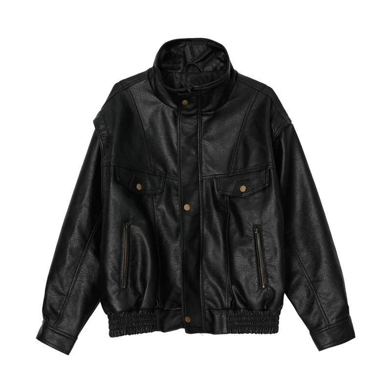 Stand-up Collar PU Leather Biker Jacket - Image 6