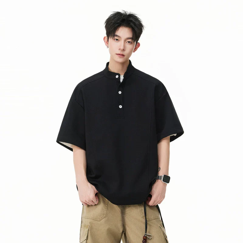 Short-Sleeve Henley Collar Loose T-Shirt - Image 3
