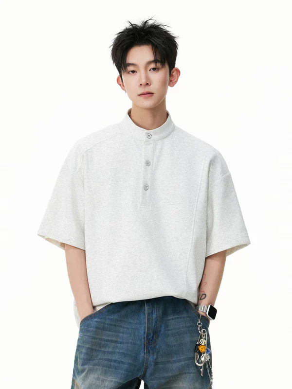 Short-Sleeve Henley Collar Loose T-Shirt - Image 4