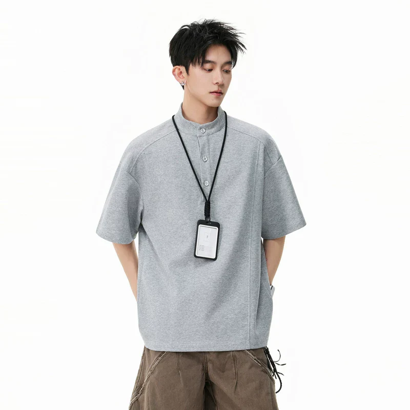 Short-Sleeve Henley Collar Loose T-Shirt - Image 5