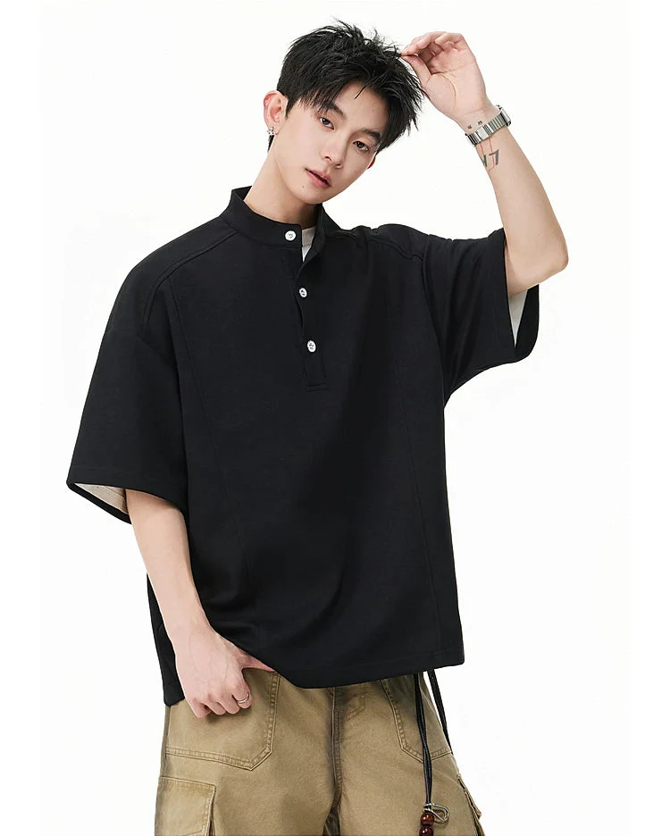 Short-Sleeve Henley Collar Loose T-Shirt - Image 6