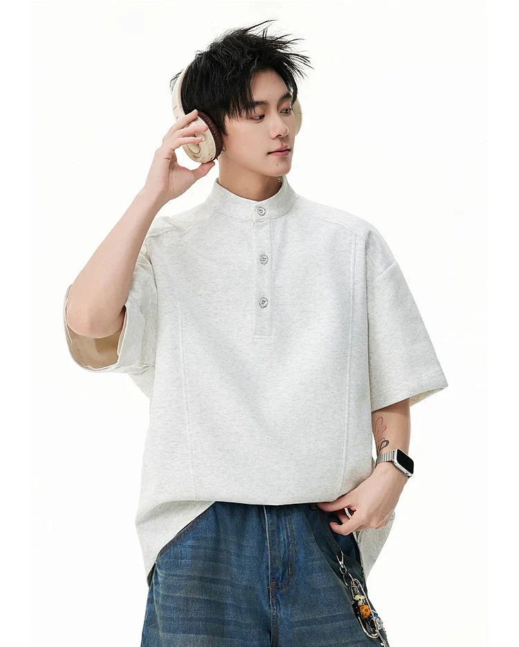 Short-Sleeve Henley Collar Loose T-Shirt - Image 7