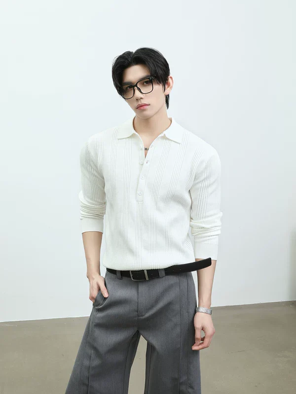Ribbed Knit Long Sleeve Polo Shirt - Image 2