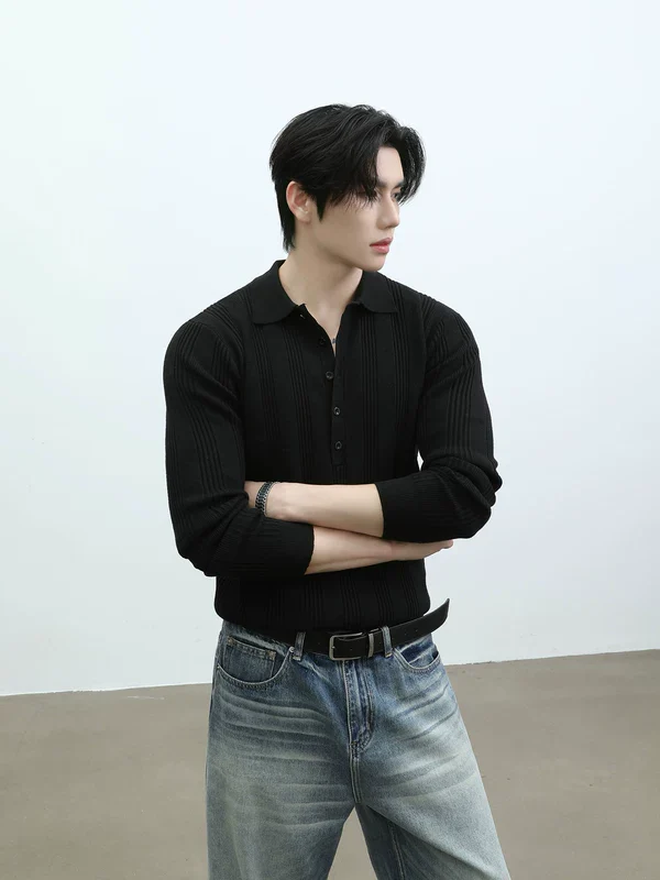 Ribbed Knit Long Sleeve Polo Shirt - Image 3
