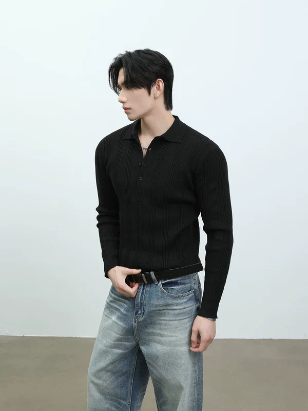 Ribbed Knit Long Sleeve Polo Shirt - Image 5