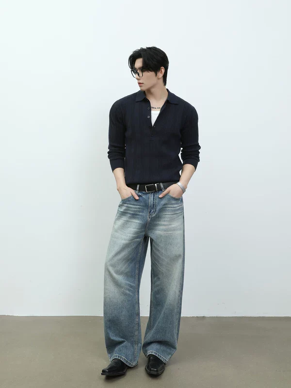 Ribbed Knit Long Sleeve Polo Shirt - Image 8