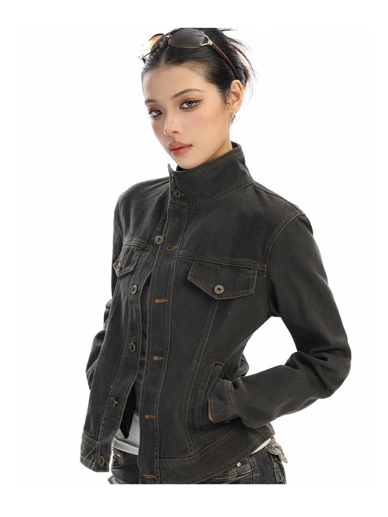 Slim Fit Stand Collar Denim Jacket