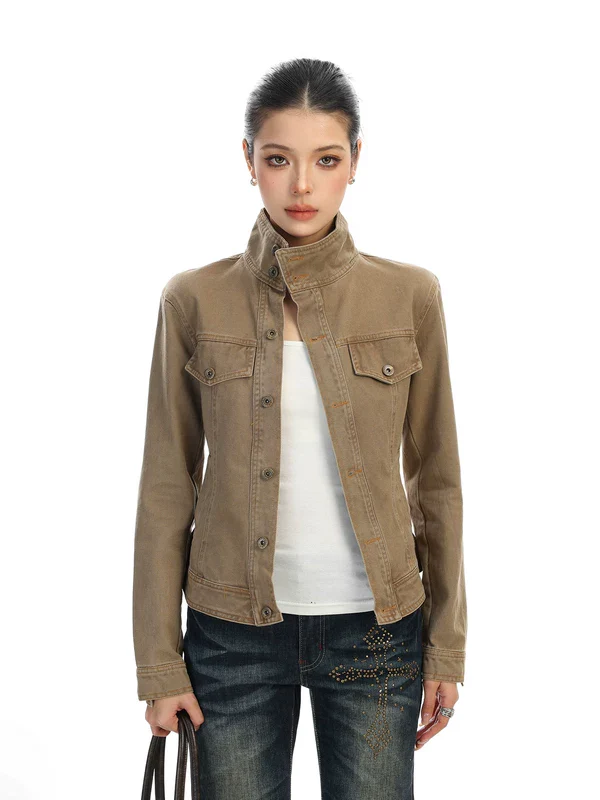 Slim Fit Stand Collar Denim Jacket - Image 2