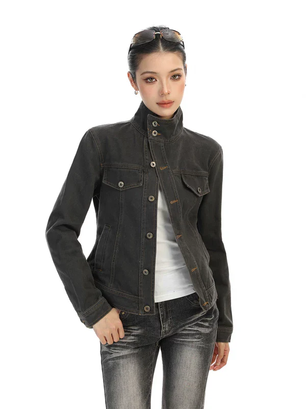 Slim Fit Stand Collar Denim Jacket - Image 3