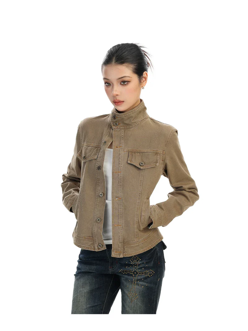 Slim Fit Stand Collar Denim Jacket - Image 4