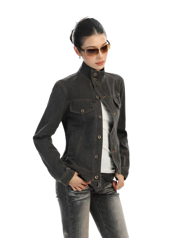 Slim Fit Stand Collar Denim Jacket - Image 5