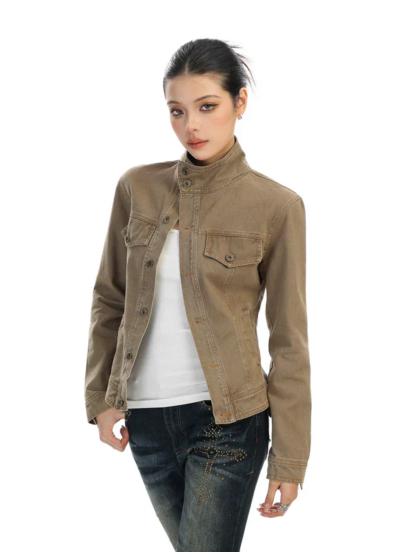 Slim Fit Stand Collar Denim Jacket - Image 6