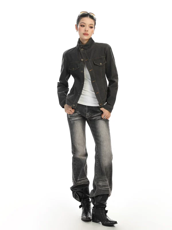 Slim Fit Stand Collar Denim Jacket - Image 7