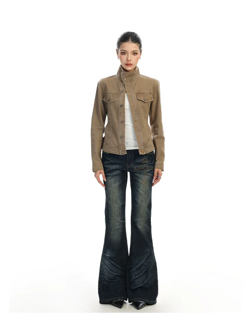 Slim Fit Stand Collar Denim Jacket - Image 8