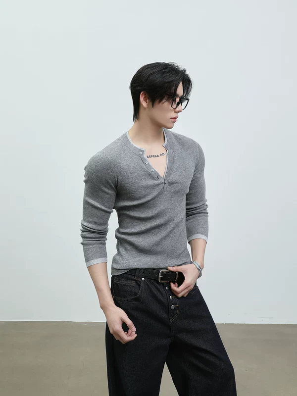 Slim Fit V-Neck Henley Knit T-Shirt - Image 2