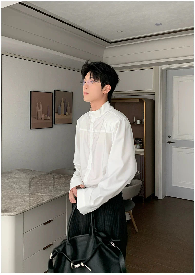 Stand Collar Long Sleeve Casual Shirt - Image 5