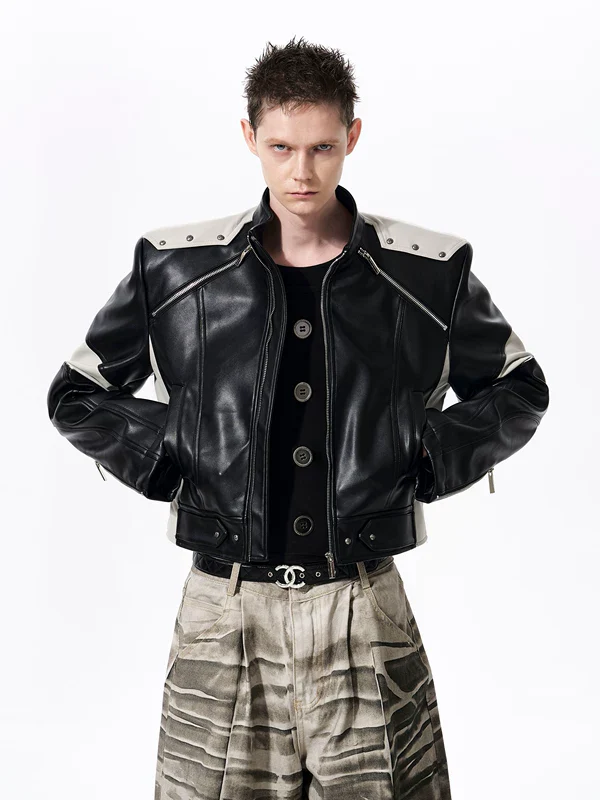Stand Collar Motorcycle Leather Jacket - Image 3