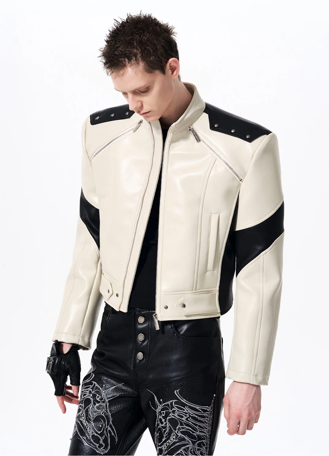 Stand Collar Motorcycle Leather Jacket - Image 4