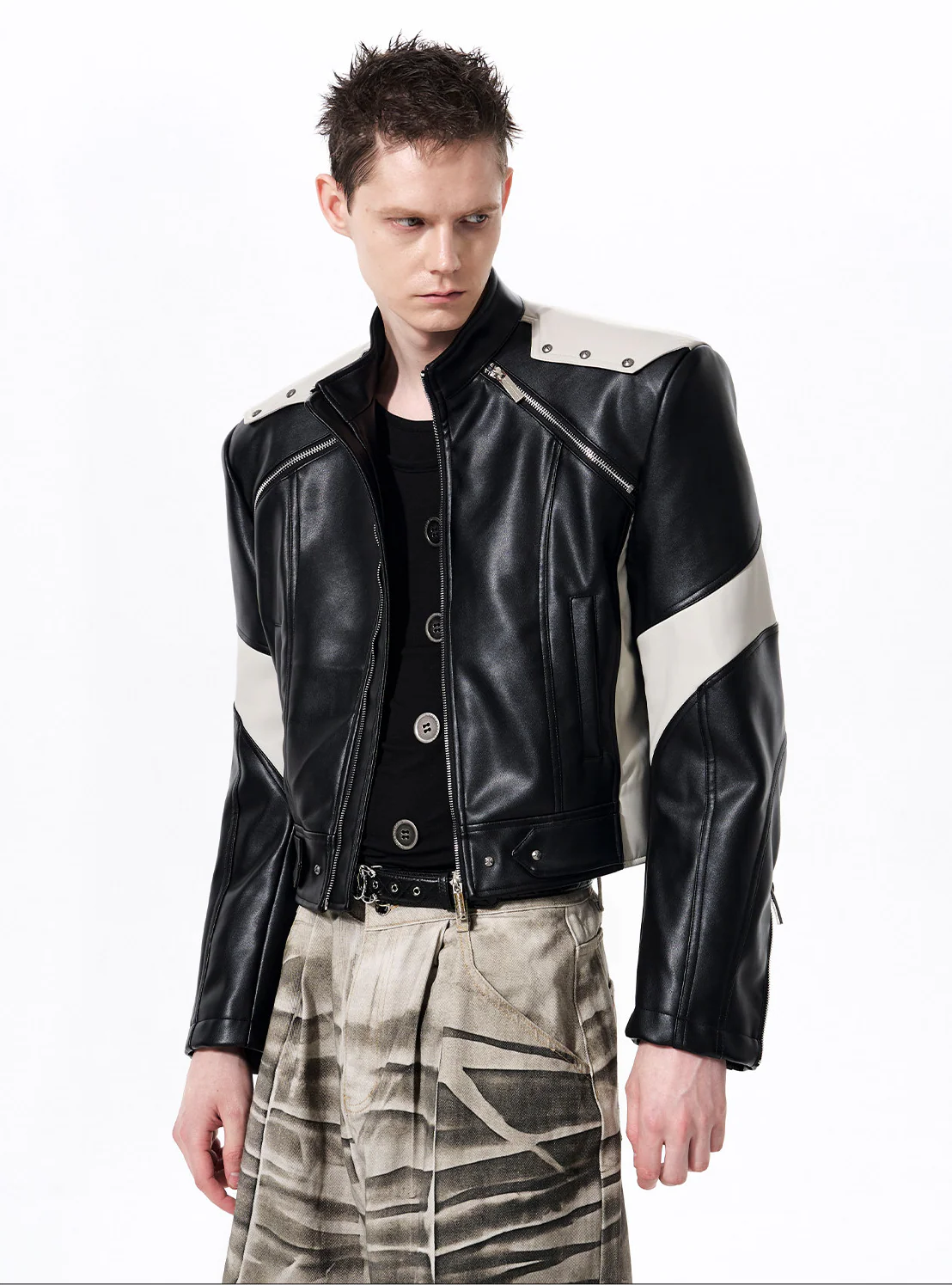 Stand Collar Motorcycle Leather Jacket - Image 5