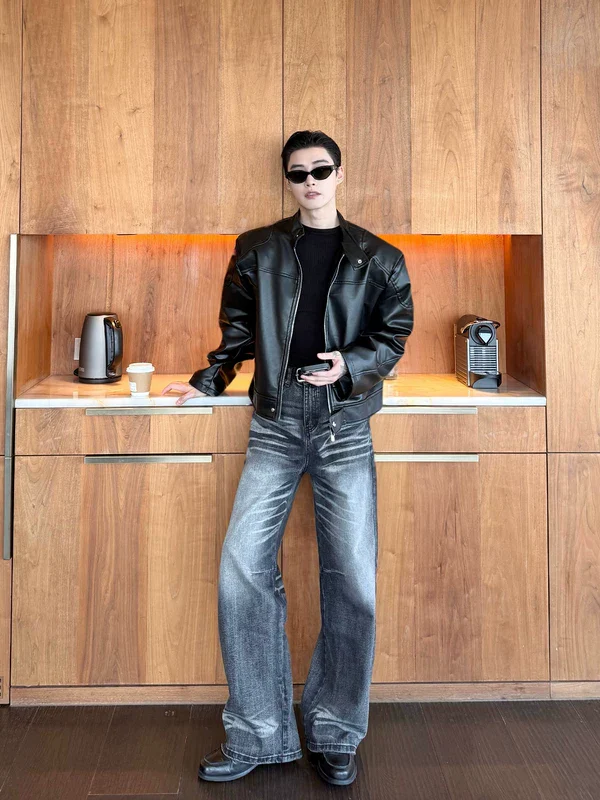 Stand Collar Leather Bomber Jacket - Image 4