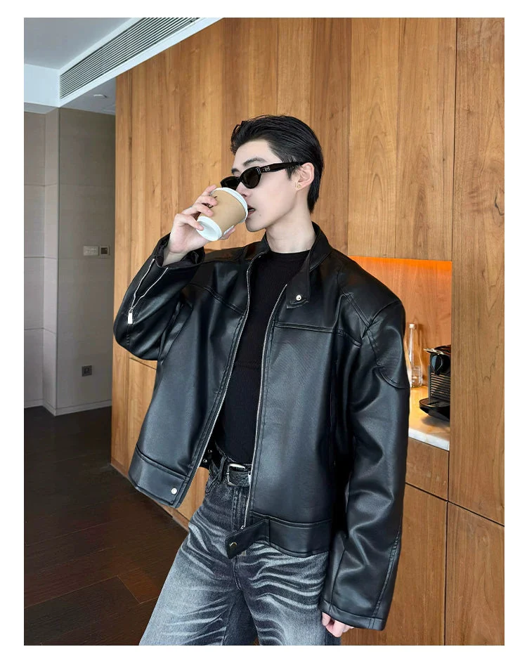 Stand Collar Leather Bomber Jacket - Image 6