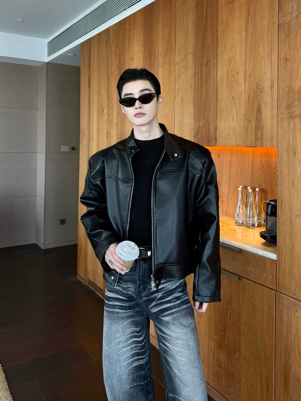 Stand Collar Leather Bomber Jacket - Image 8
