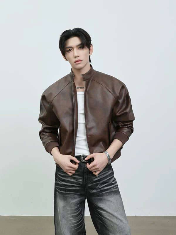 Stand Collar Leather Motorcycle Jacket - Image 3