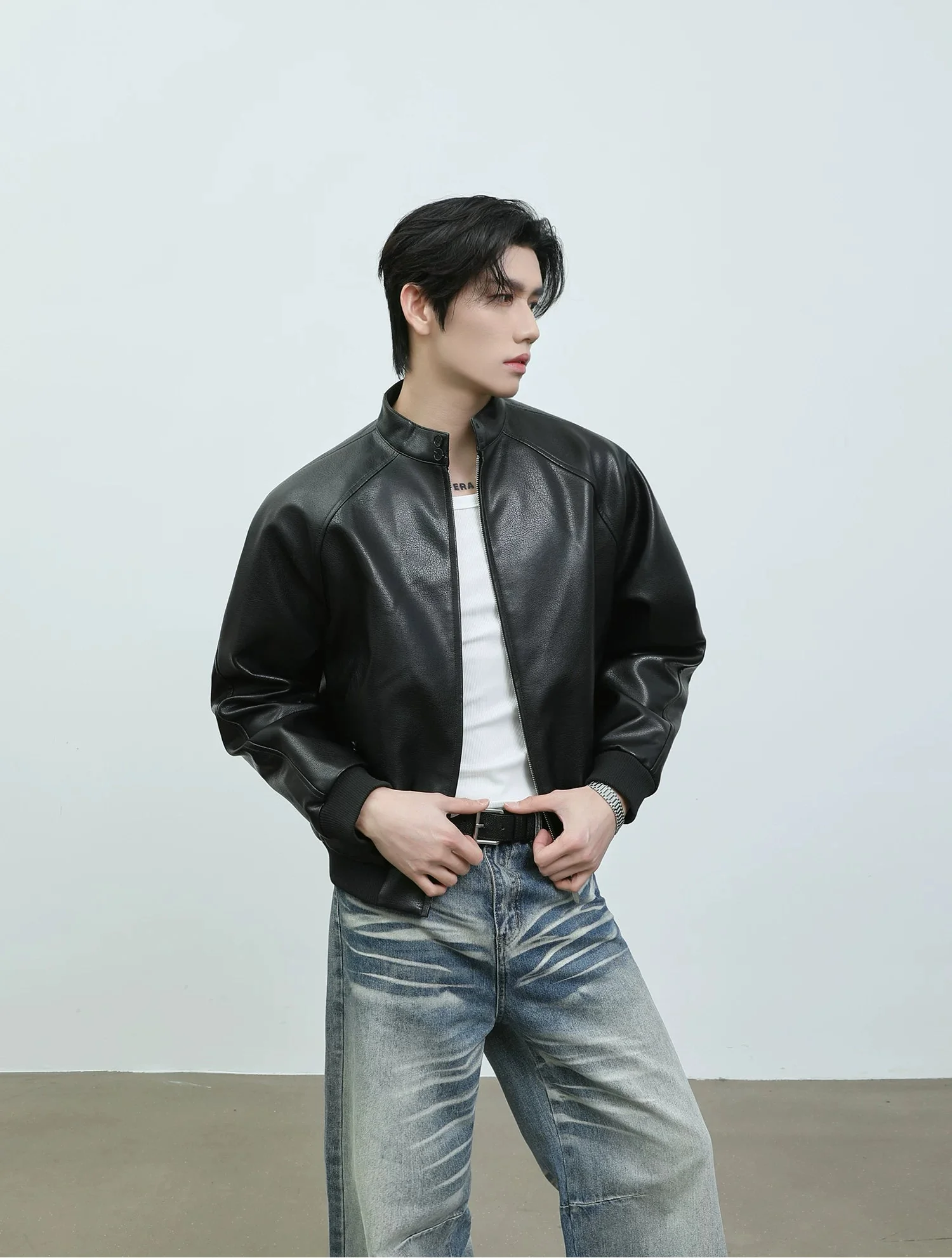 Stand Collar Leather Motorcycle Jacket - Image 6
