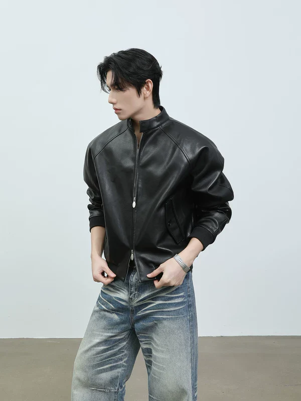 Stand Collar Leather Motorcycle Jacket - Image 3