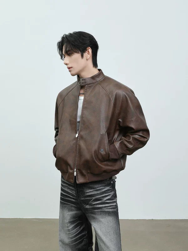 Stand Collar Leather Motorcycle Jacket - Image 4