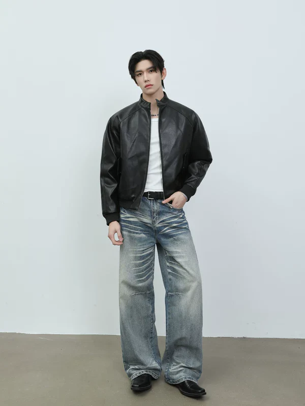 Stand Collar Leather Motorcycle Jacket - Image 7