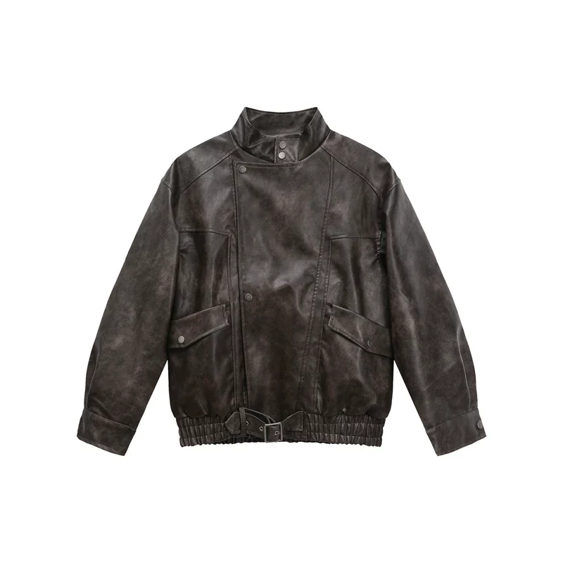 Stand Collar Leather Motorcycle Jacket - Image 10