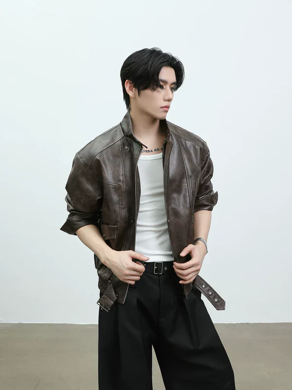 Stand Collar Leather Motorcycle Jacket - Image 2