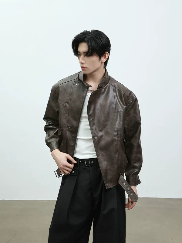 Stand Collar Leather Motorcycle Jacket - Image 4