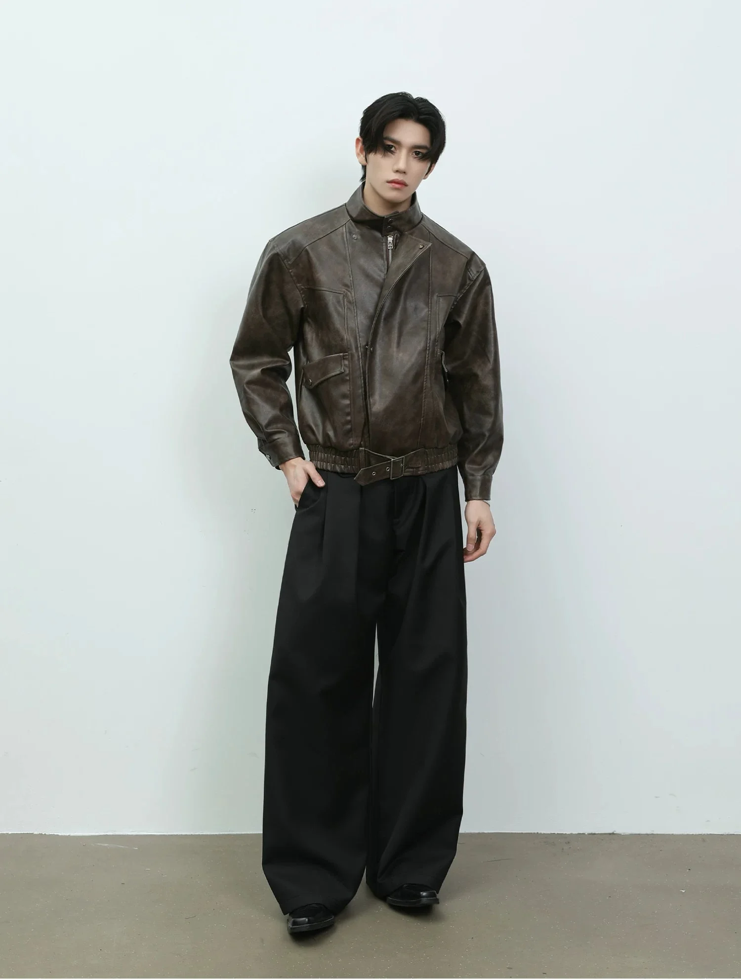 Stand Collar Leather Motorcycle Jacket - Image 8