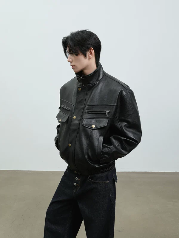 Stand Collar Leather Motorcycle Jacket - Image 3