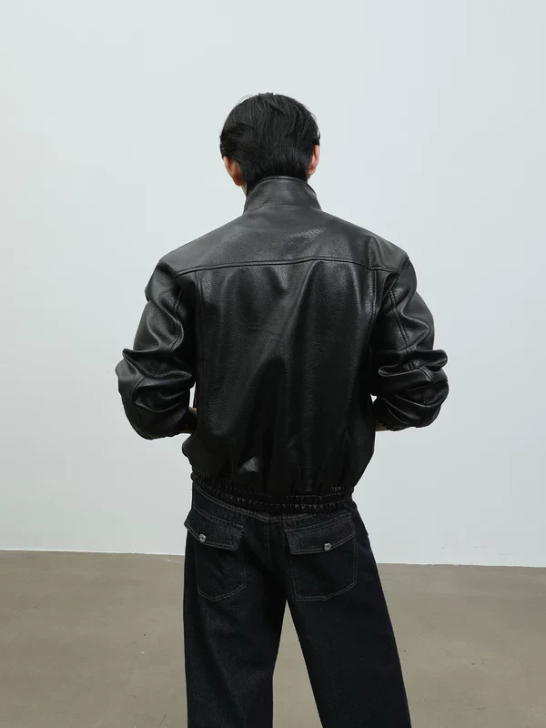 Stand Collar Leather Motorcycle Jacket - Image 4
