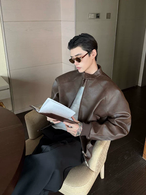 Stand Collar Leather Raglan Bomber Jacket - Image 2