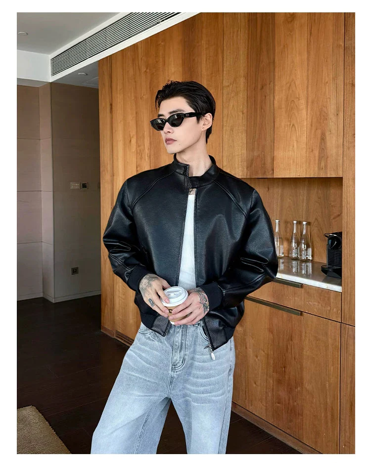 Stand Collar Leather Raglan Bomber Jacket - Image 5