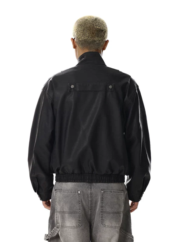 Stand Collar Relaxed Fit Leather Jacket - Image 5