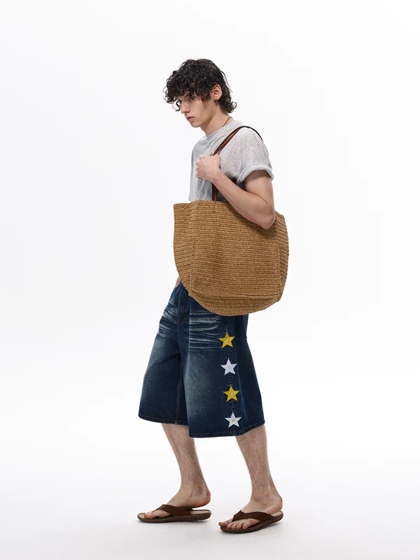 Star Appliqué Wide Leg Denim Capri Pants - Image 6