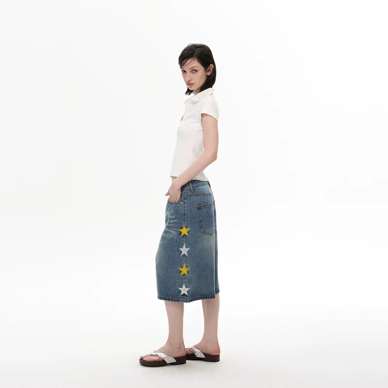 Star Appliqué Wide Leg Denim Capri Pants - Image 7