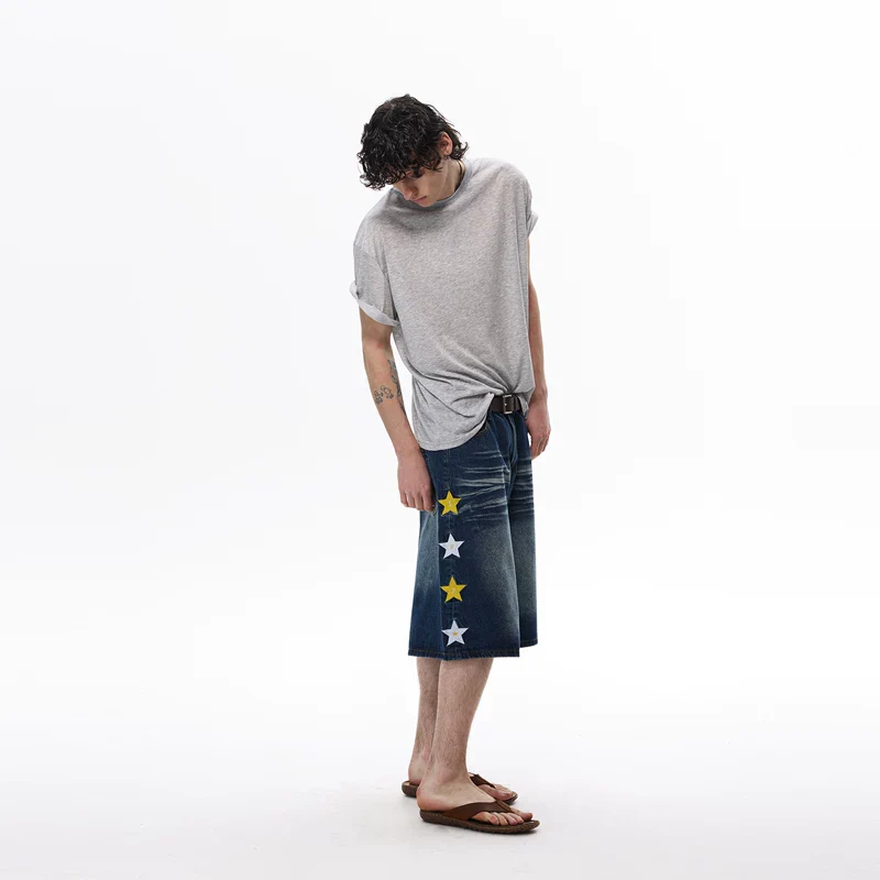 Star Appliqué Wide Leg Denim Capri Pants - Image 8